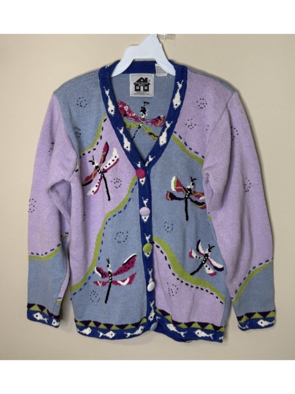 Vintage 90s Cardigan Sweater Dragonfly Embroidered Whimsical Novelt